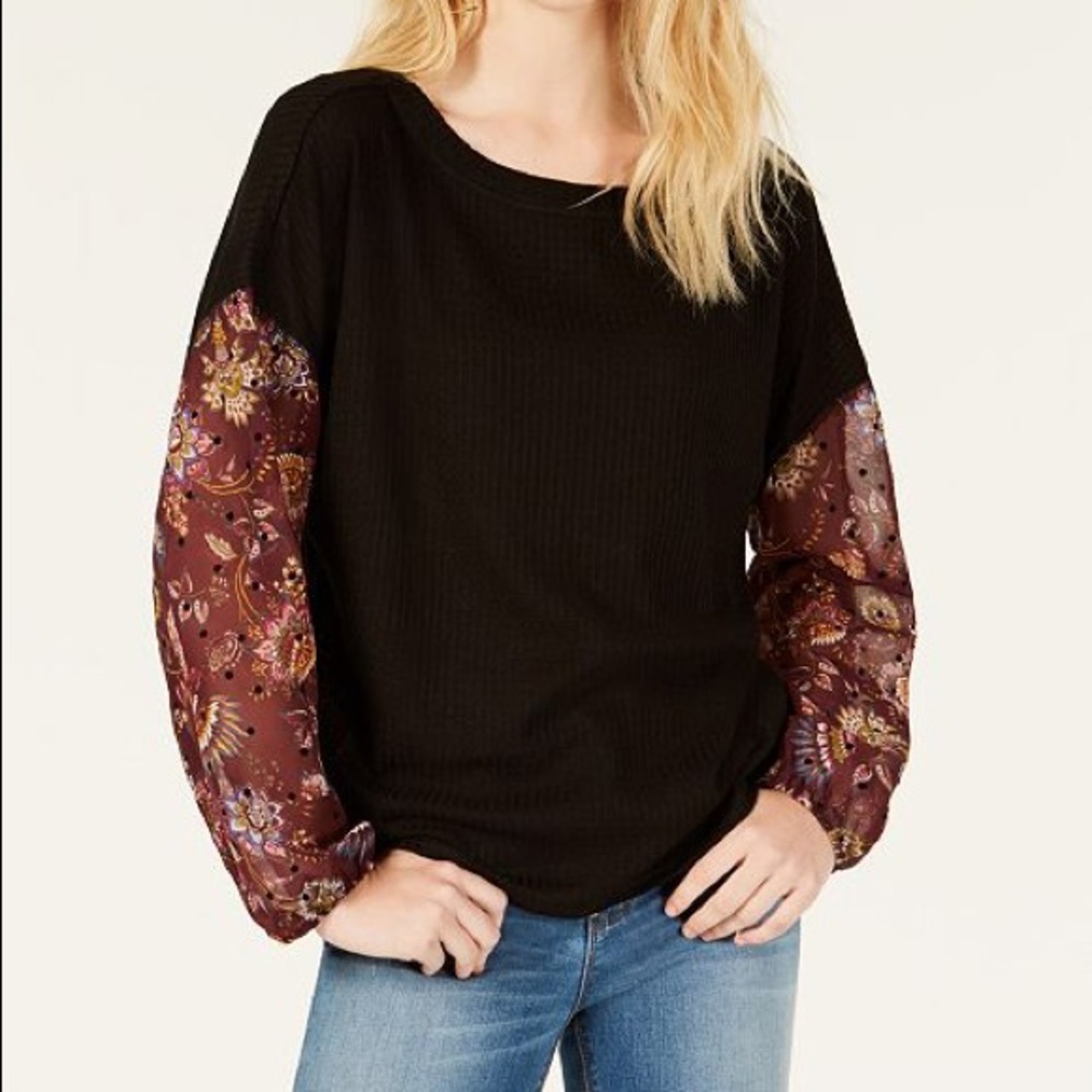 Juniors' Waffle-Knit Sheer-Sleeve Top xs